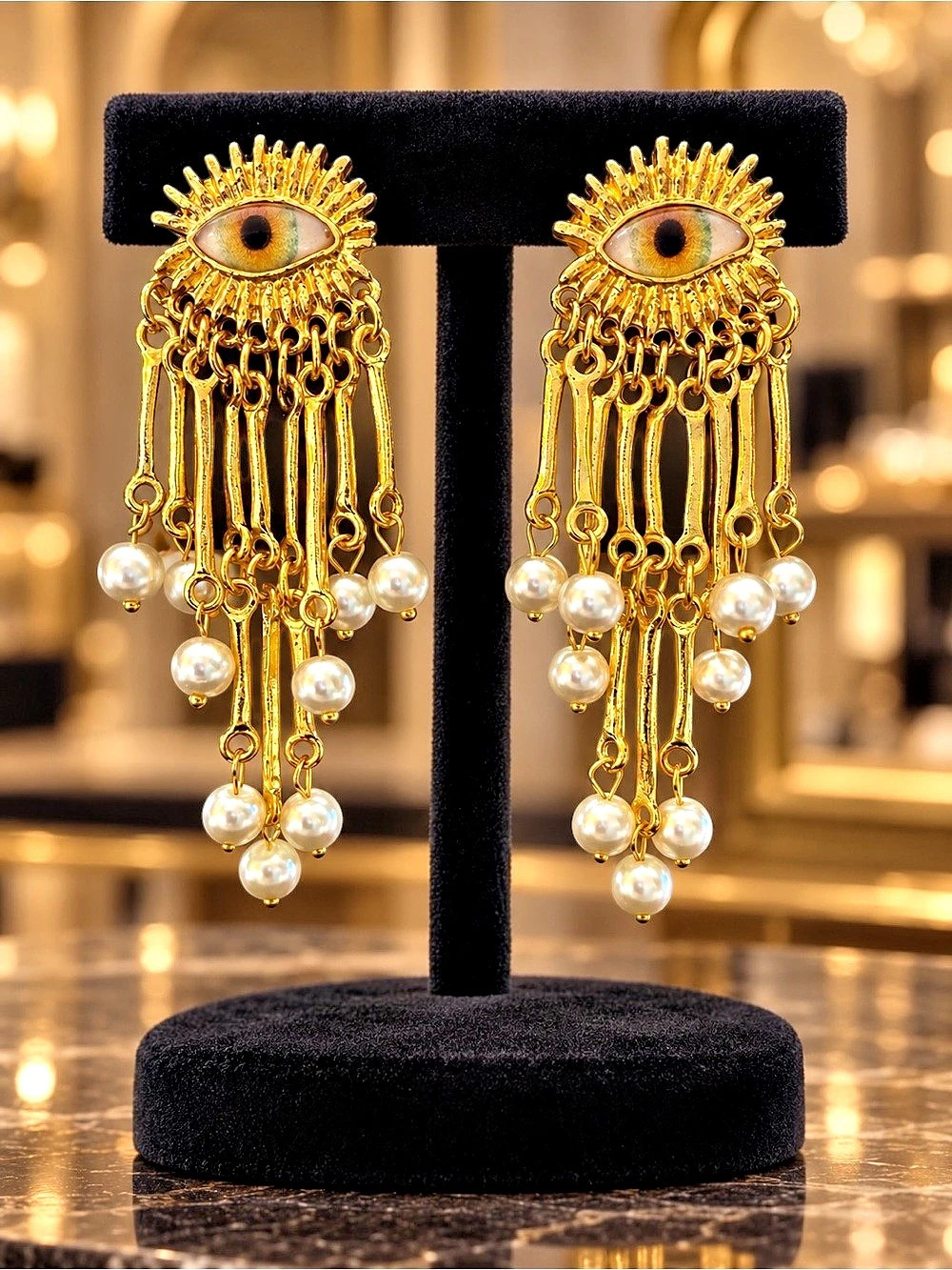 Eye Pearl Drop Earrings Gold